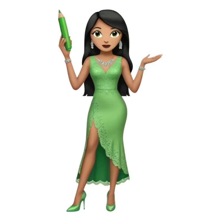 A plus-size light-skinned Black woman is wearing makeup. She has long, straight, waist-length black hair and is wearing a green sleeveless dress with rhinestones and lace and a low neckline. She is standing in green high heels and is holding a crayon in one hand, with the other hand raised. sticker
