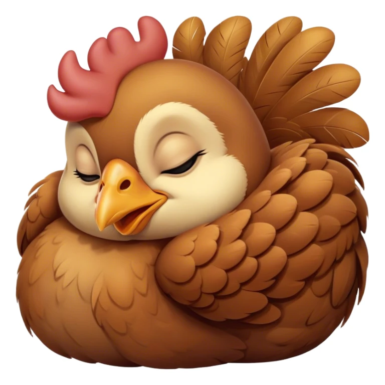 Meme-Worthy Cute Sleeping Brown Chicken Portrait Emoji, Head resting peacefully with a contented smile, showcasing a delightfully compact build and a luxuriously soft brown plumage, eyes shut in a serene, restful nap, Simplified yet hilariously adorable features, highly detailed, glowing with a soft, drowsy light, high shine, relaxed and utterly lovable, stylized with an air of playful laziness, bright and heartwarming, soft glowing outline, capturing the essence of a comically sleepy chicken, so meme-worthy it feels like it could instantly become the next viral sensation of adorable slumber! sticker