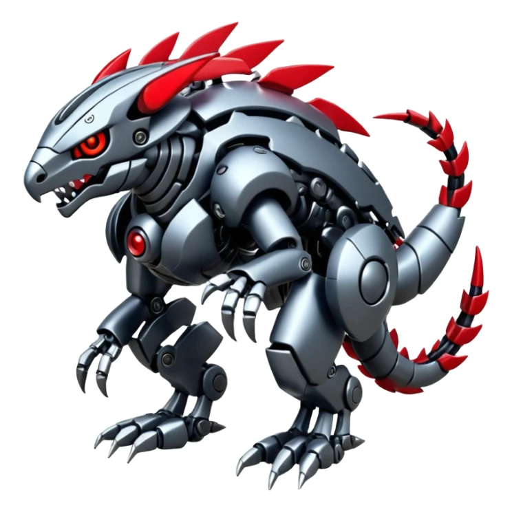Futuristic mechanical cyborg modern badass cool shiny metallic alloy silver-grey obsidian-black crimson-red white animal Digimon Fakémon hybrid full body with intricate patterns sticker