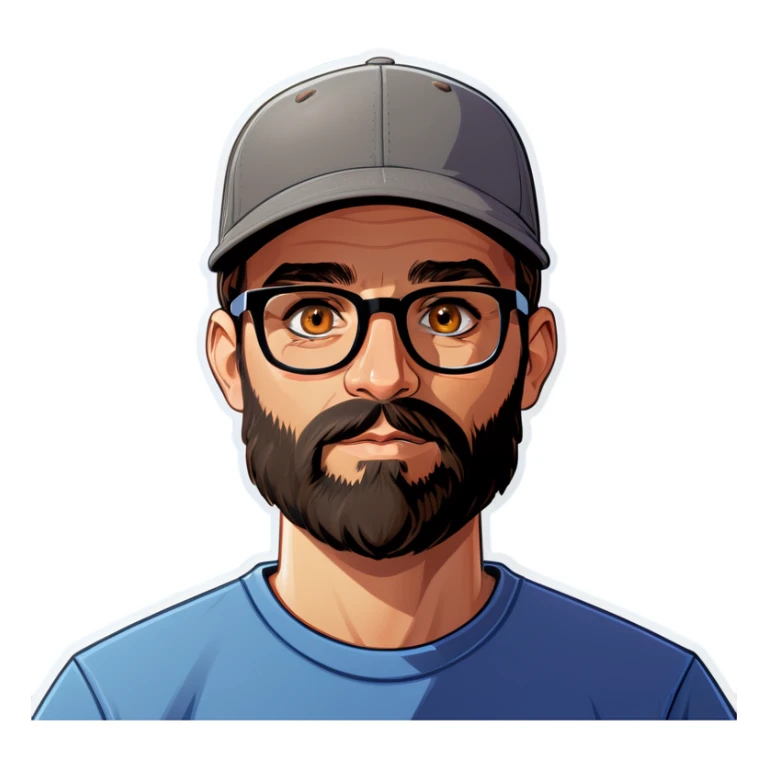 A man with a grey baseball cap, hazel eyes, big dark brown beard and glasses, hi sticker