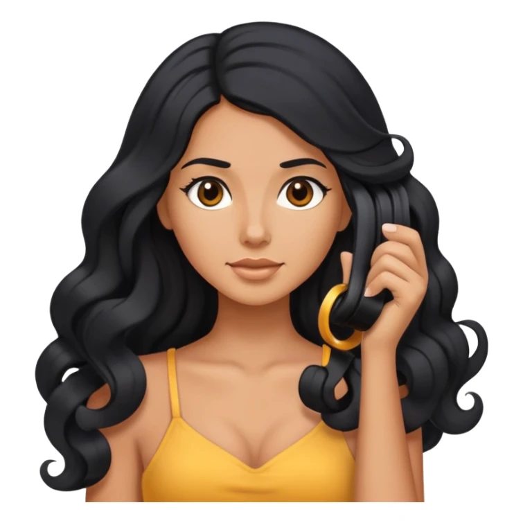 tanned woman with long black hair curling her hair, getting ready sticker