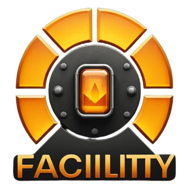 glowing amber industrial emblem above bold text reading “THE FACILITY”, dark background, clean typography, sci-fi bunker aesthetic, high contrast, sticker