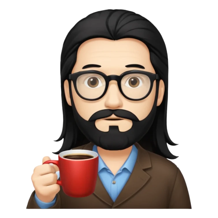 men with white bearded long black hair  with opticals  on holding coffee sticker