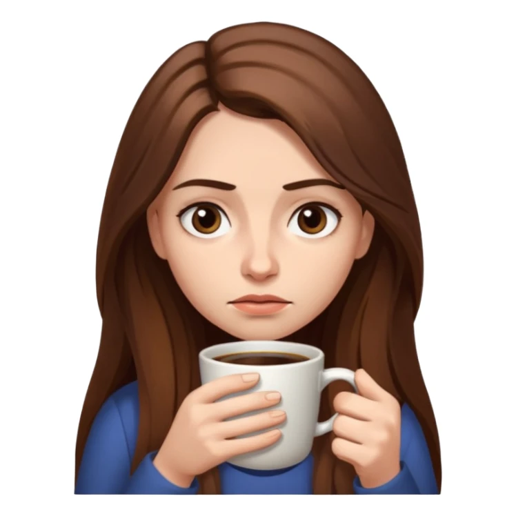 create a woman long hair brown, holding her cup of coffee looking exausted  sticker