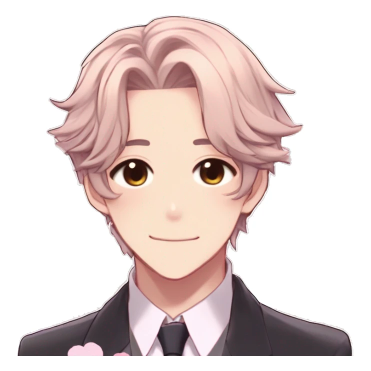 Gorgeous romantic hot attractive anime style formal modern gentlemanly anime shojo guy with pretty hair and flower petals and blushing face aesthetic trending style  pastelcore cottagecore kawaiicore sticker