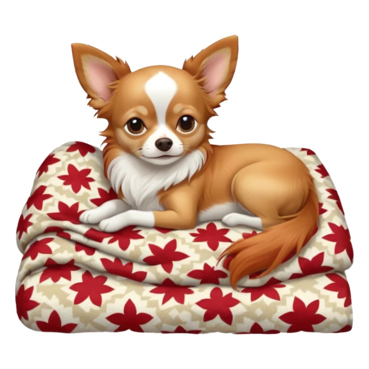 Long haired chihuahua, beige/redhaired with white chest and white socks, head without white, sleeping cutely under blanket sticker
