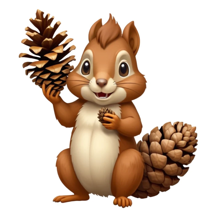 Greedy squirrel with a big pine cone balancing on its head, showing a strange creepy expression, hungry looking sticker