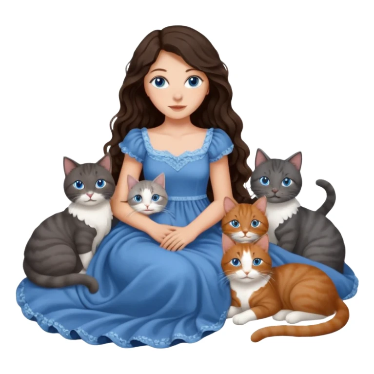 detailed realistic looking a dark grey and white cat regally laying with six other cats, cuddling with their owner in bed who is a pretty bratz lightly tanned white girl with long dark brown hair, blue eyes and gorgeous long wavy hair wearing a pretty detailed dress sticker