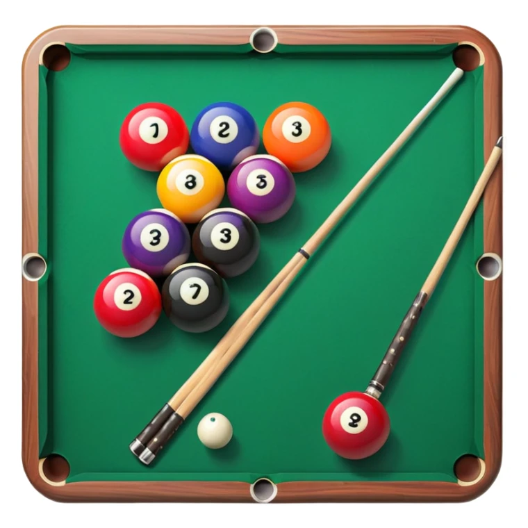 Two crossed pool cues resting on a billiard table, with colorful billiard balls scattered across the surface. The background features the felt of the table, creating an inviting atmosphere for a game of precision and strategy sticker