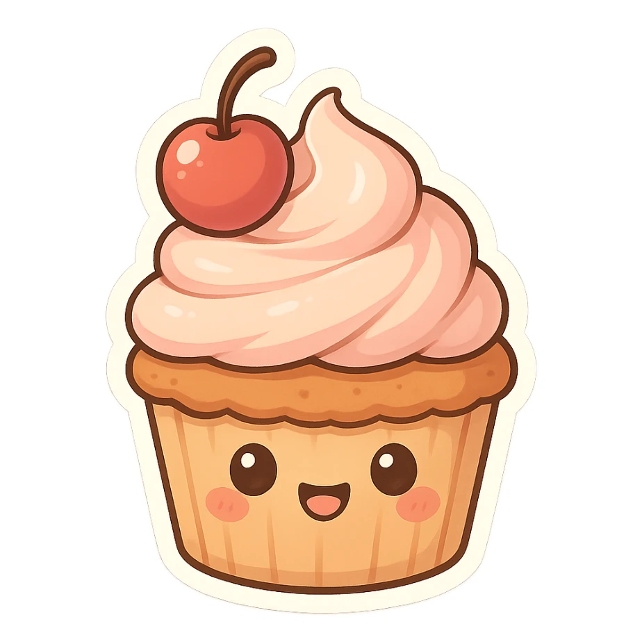 chibi sticker-style cupcake with a smiling face, cute and exaggerated sticker