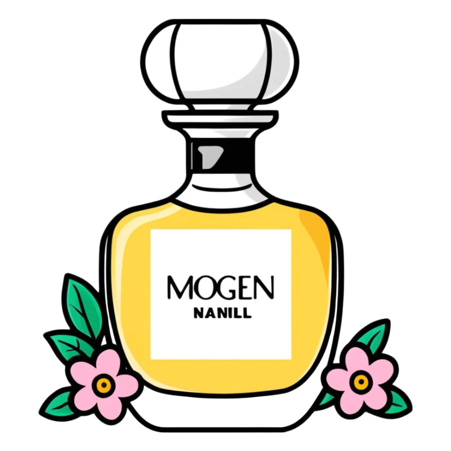 Vintage perfume bottle with flowers and Imogen name sticker
