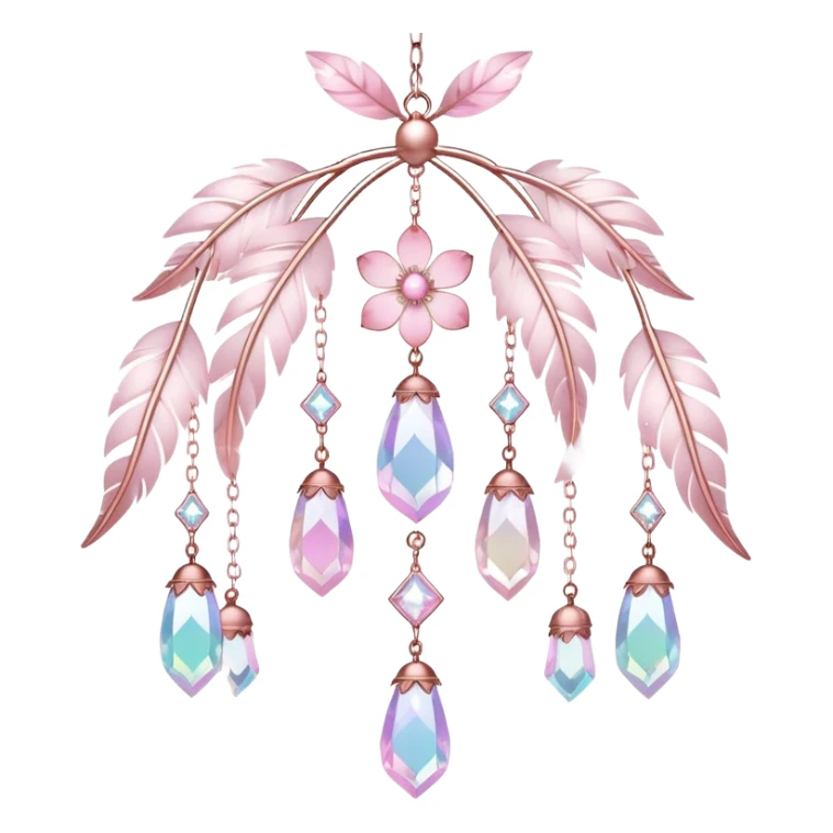 Hanging Iridescent pastel pink sakura crystals white-pearly suncatcher with bells and feathers CHANDELIER sticker