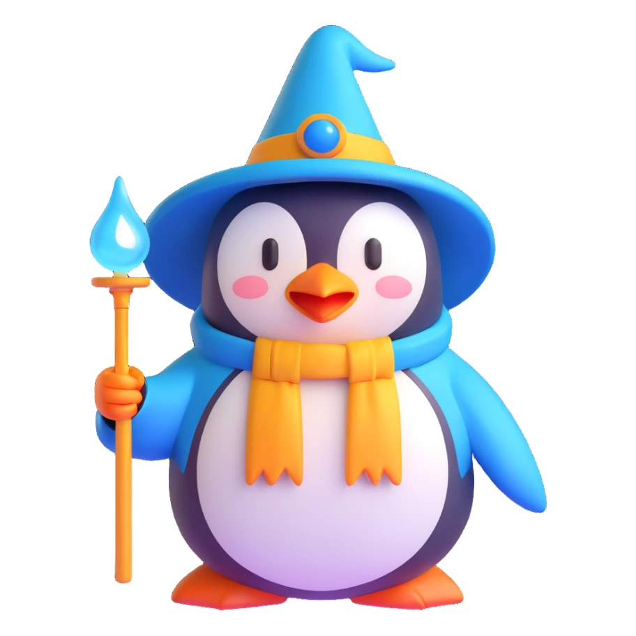 3D emoji of a penguin wizard with a magical aura sticker