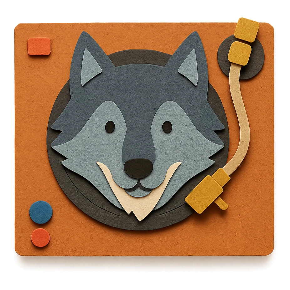 platine vinyle with integrated wolf head replacing the platter, paper cutout style sticker