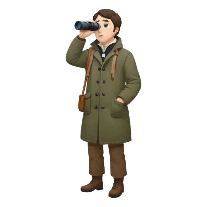 henry David thoreau full body looking up  birdwatching with binoculars in snow sticker
