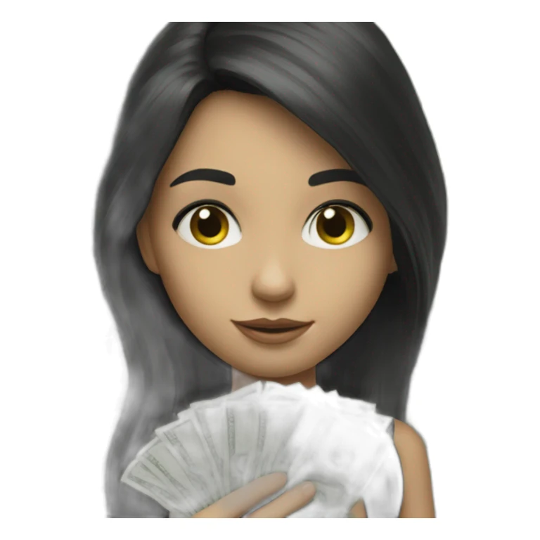 hyperrealist caucasian girl black long hair holding money sticker