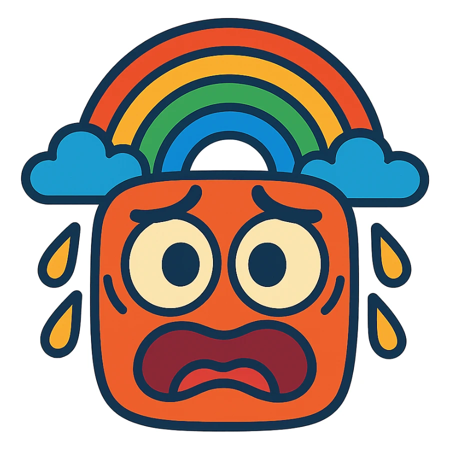 funny anxious face with rainbow elements, cartoon style sticker