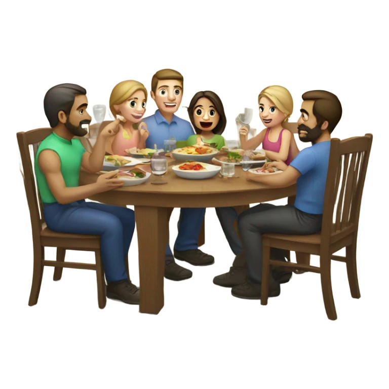 Caucasian family of eight eating dinner around table sticker