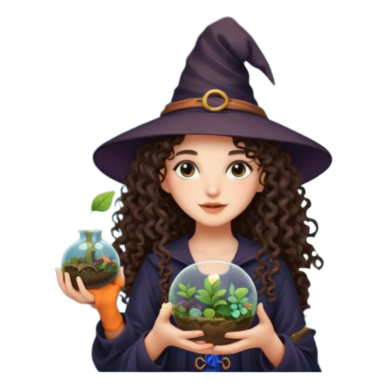 A long curly haired brunette girl with a moon, witch hat, holding a plant terrarium sticker