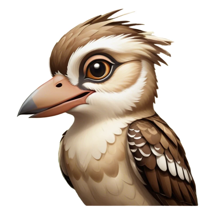 Cinematic Comical Kookaburra Portrait Emoji, Head tilted dramatically with an exaggeratedly amused expression, featuring a strikingly patterned brown and cream plumage with wide, expressive eyes filled with playful disbelief, Simplified yet hilariously expressive features, highly detailed, glowing with a slightly sassy glow, high shine, dramatic yet playful, stylized with an air of cheeky bushland mischief, bright and endearing, soft glowing outline, capturing the essence of a spirited and over‐the‐top kookaburra, so meme‐worthy it feels like it could cackle its way into internet fame instantly! sticker