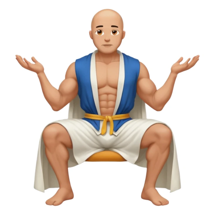 fullbody jacked bald guy, sleeveless and unbuttoned in full white robe sitting sticker