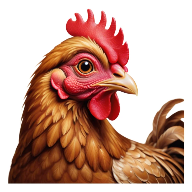 Cinematic Cute Brown Chicken Portrait Emoji, Head tilted playfully and inquisitively, featuring a lustrous brown feathered coat with a natural sheen and a subtle red comb, round, sparkling beady eyes filled with curiosity, Simplified yet irresistibly adorable features, highly detailed, glowing with a warm, friendly glow, high shine, affectionate and lively, stylized with a touch of country charm, bright and endearing, soft glowing outline, capturing the essence of a mischievous yet loving chicken, so playful it feels like it could peck out of the screen and into your arms! sticker