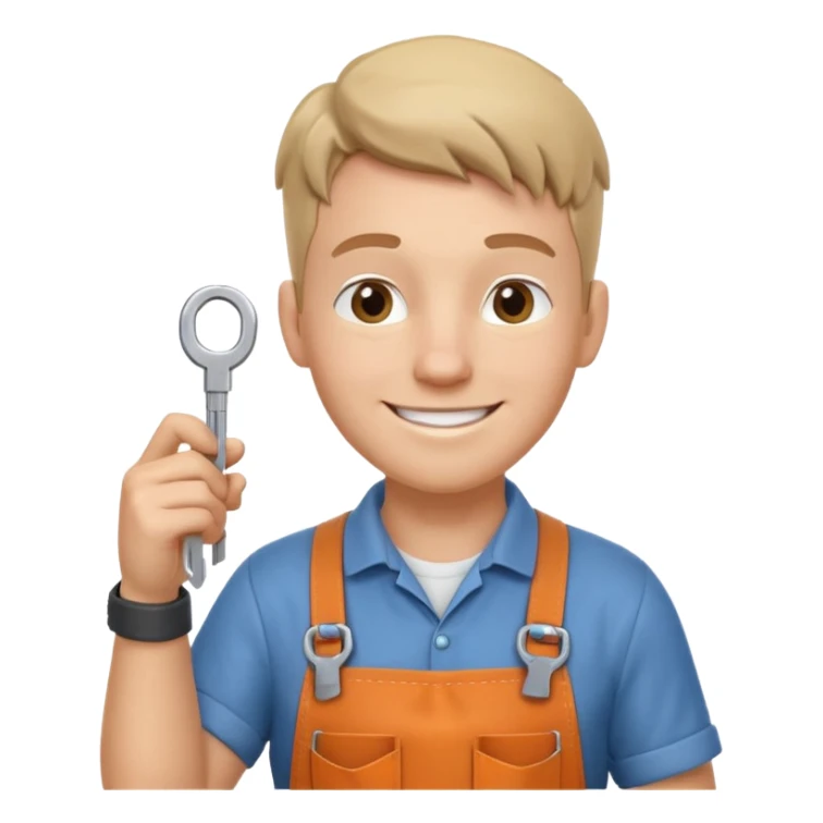 locksmith portrait, head and shoulders only, wearing work apron collar, holding a key near face, friendly confident smile, tool belt strap visible, 3D cartoon, mobile game icon style, clean background, no text, no watermark

 sticker