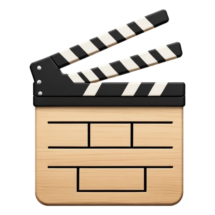 Ultra simplified movie clapper with black and white colors, two simple rectangles with a diagonal line sticker
