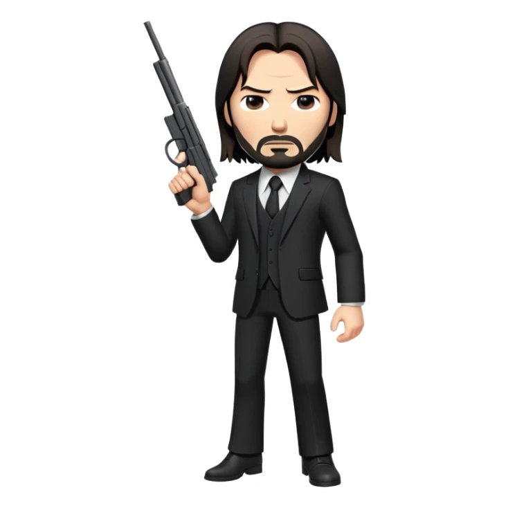 John Wick in black suit with long hair, determined expression, holding a gun sticker