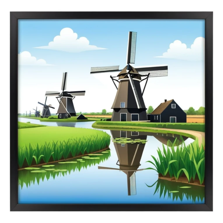 cinematic-realistic-kinderdijk-windmills-landmark-emoji,-showcasing-traditional-dutch-windmills-aligned-along-a-tranquil-canal,-with-lush-green-fields in a picture frame sticker