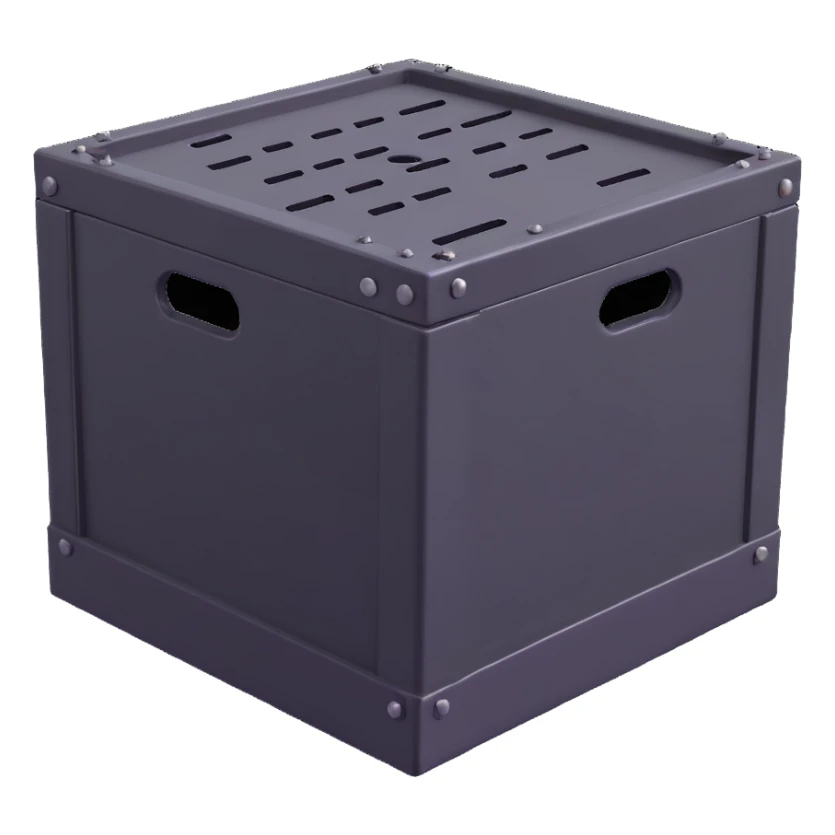 industrial crate, heavy metal with bolts and vents sticker