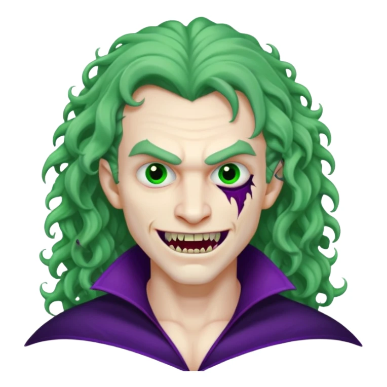 Vampire, long curly hair, male, fanged teeth, stitches with one side of face green and the other side purple, sticker