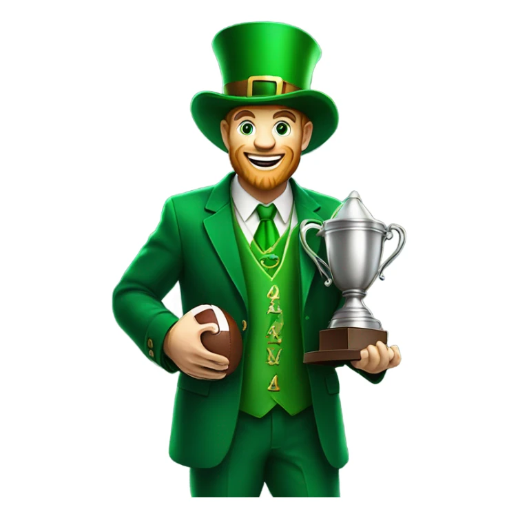 A leprechaun holding a football trophy sticker