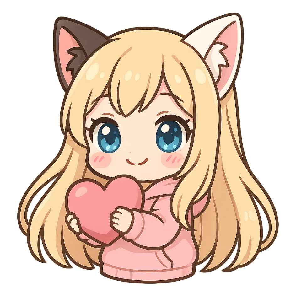 extra cute, extra chibi anime catgirl Twitch emote, one black cat ear and one white cat ear, blonde extremely long hair, blue eyes, white skin, pastel pink hoodie, hugging a heart, no background sticker