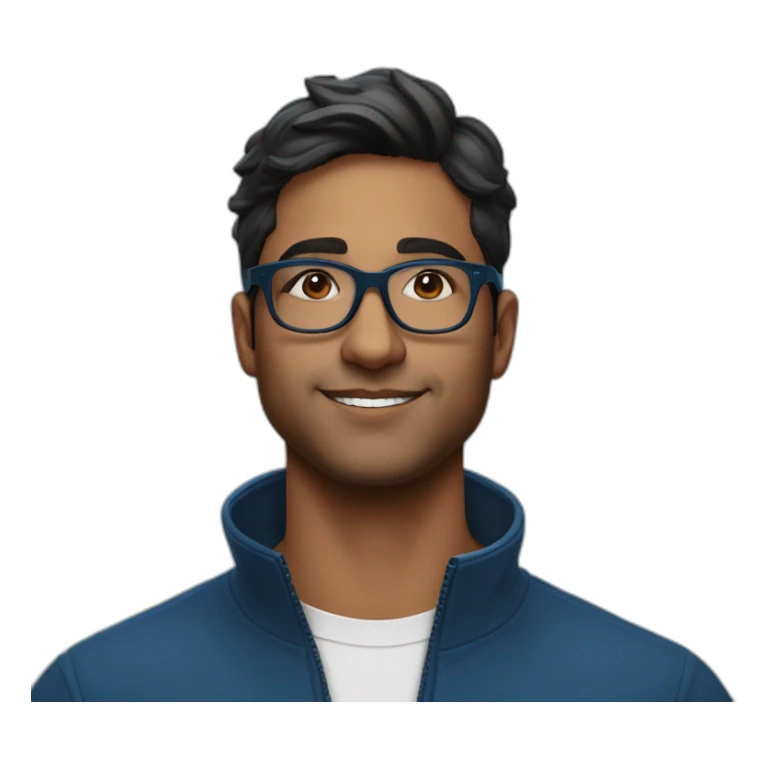 29 year old indian tech founder clean shaven in blue quarter zip with black and white tortoiseshell glasses sticker
