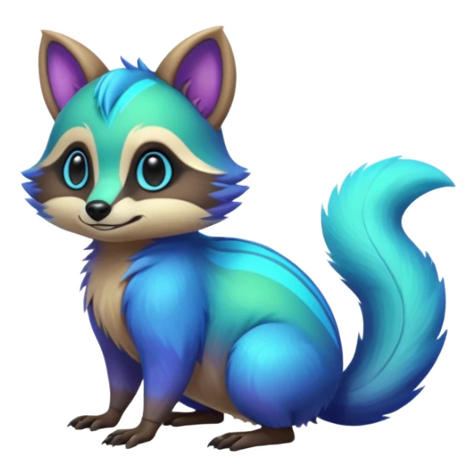 Cute hyper-realistic Iridescent Neon Green-Cyan-Blue-Purple Tanuki-Numbat-Sergal-fusion-hybrid-animal-creature, full body sticker