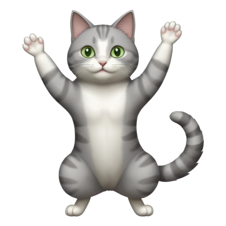 grey and white cat with green eyes doing a big extremely long stretch reaching up into the air with arms and legs side by side together straight and overextended sticker