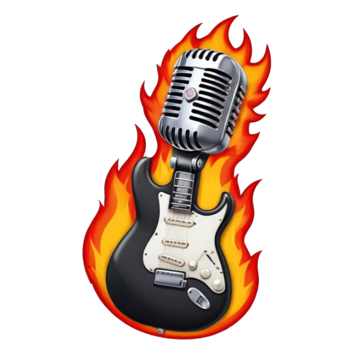 Create a bold and powerful emoji representing rock vocal performance in a humanless collage. The design should feature a vintage microphone at the center, surrounded by a heavy, aggressive hardcore electric guitar with sharp, jagged edges. Include crossed drumsticks behind the guitar, symbolizing the intense rhythm of rock music. Add fiery elements like flames or lightning bolts to enhance the raw energy of the design. Use dark, bold colors like black, red, and silver, with metallic or chrome accents to reflect the rebellious, hard-hitting nature of rock. The background should be transparent. sticker