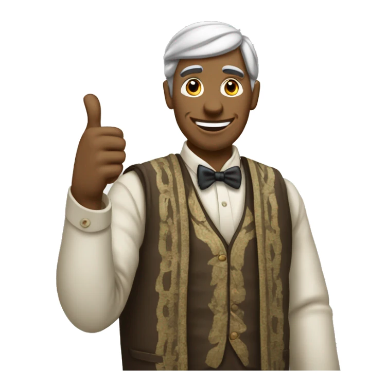 man wearing old money clothes showing thumbs up sticker