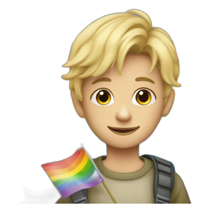 a young blond boy holding a rainbow flag "vivouk lamouk" sticker