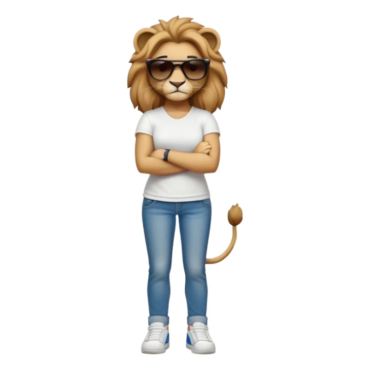 confident anthropomorphised female lion, full body, arms folded, wearing jeans, white t-shirt, dark sunglasses, trainers, looking determined sticker