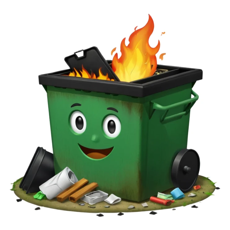 Green happy dumpster with an open black lid and a fire burning only inside it. there is litter and trash on the ground around it not burning sticker