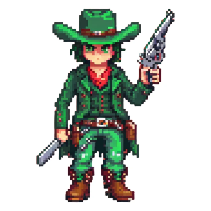 Green-clad cowboy character with revolver gun and boots sticker