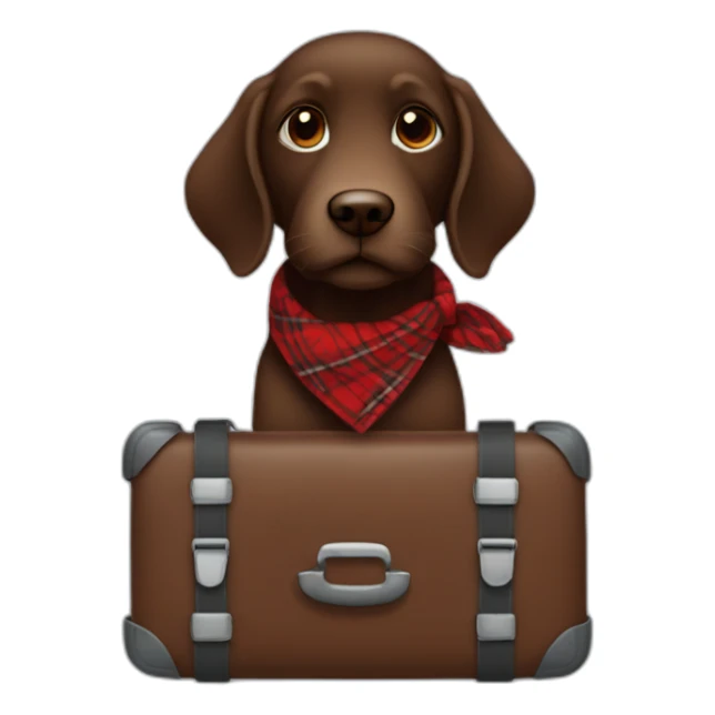Chocolate colored doodle wearing a red and black flannel handkerchief with a carryon suitcase sticker