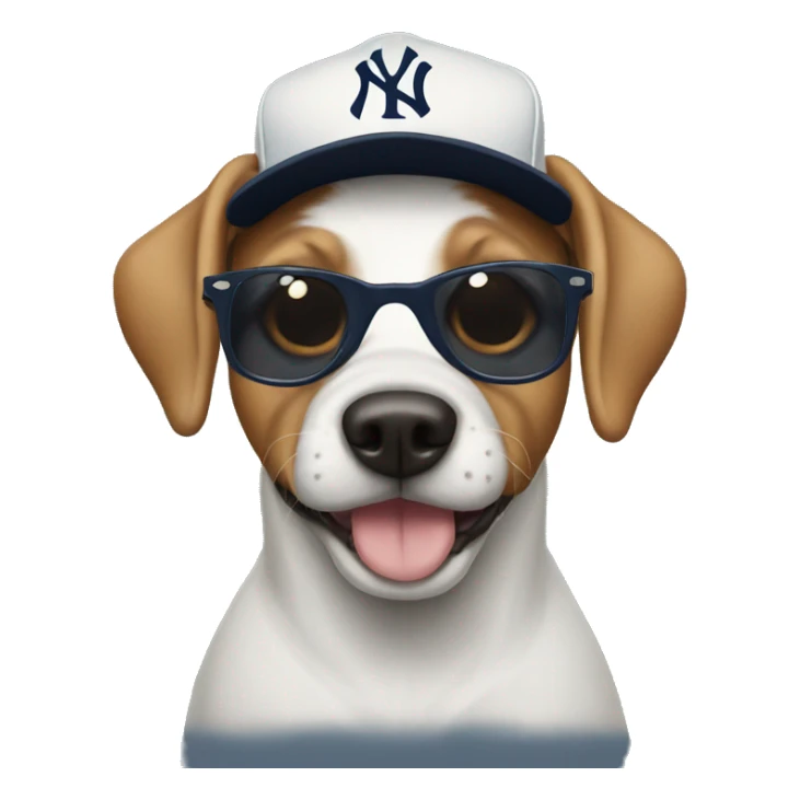 Dog wearing sunglasses and a Yankees hat sticker