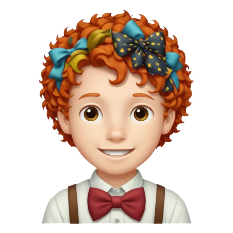 redhead kid with unique face features and very curly hair kid boy happy and braces on teeth, wearing a bow on head sticker
