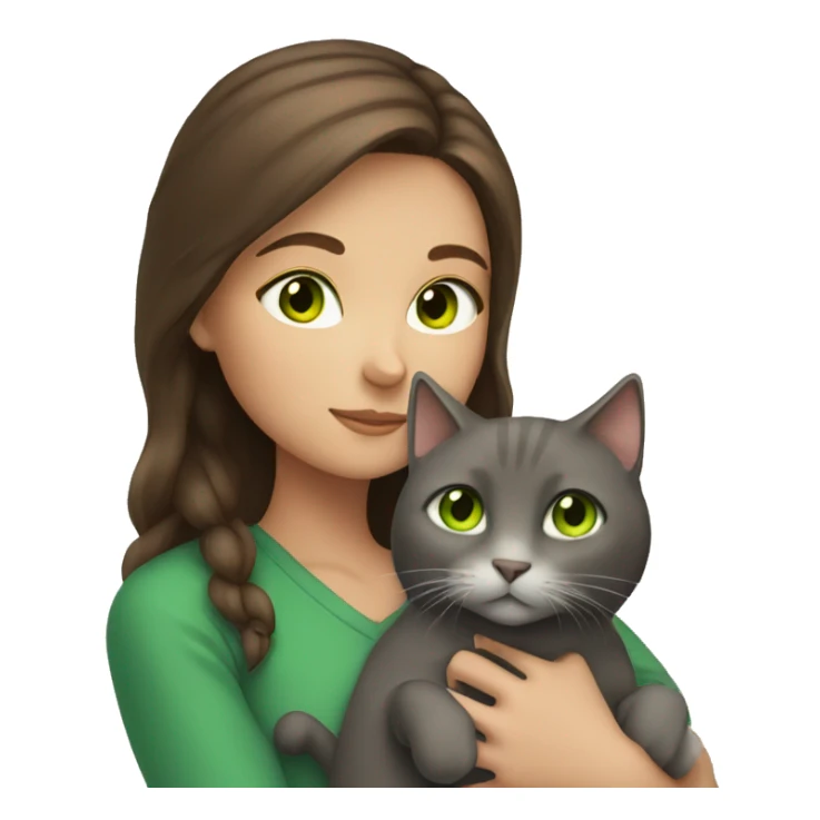 brown haired girl with green eyes holding a grey cat sticker