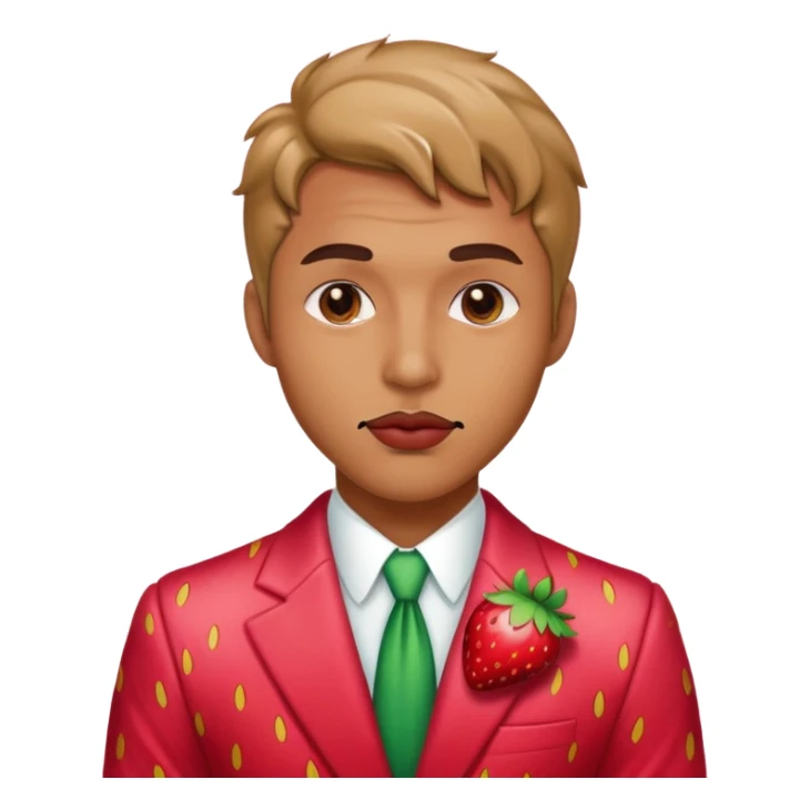 Mn wearing strawberry suit with a sultry look and lip bite sticker