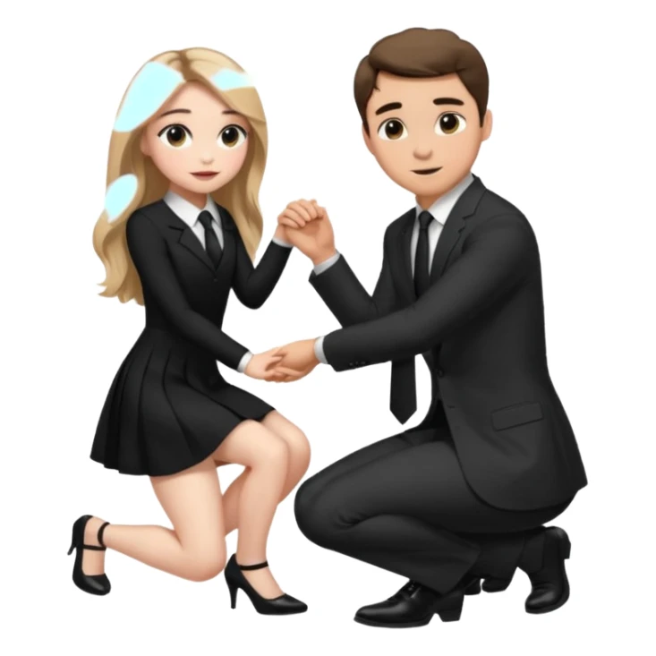  Sabrina carpenter kneeling down wearing a black dress with a tie, putting her hand on man’s leg who is standing  sticker