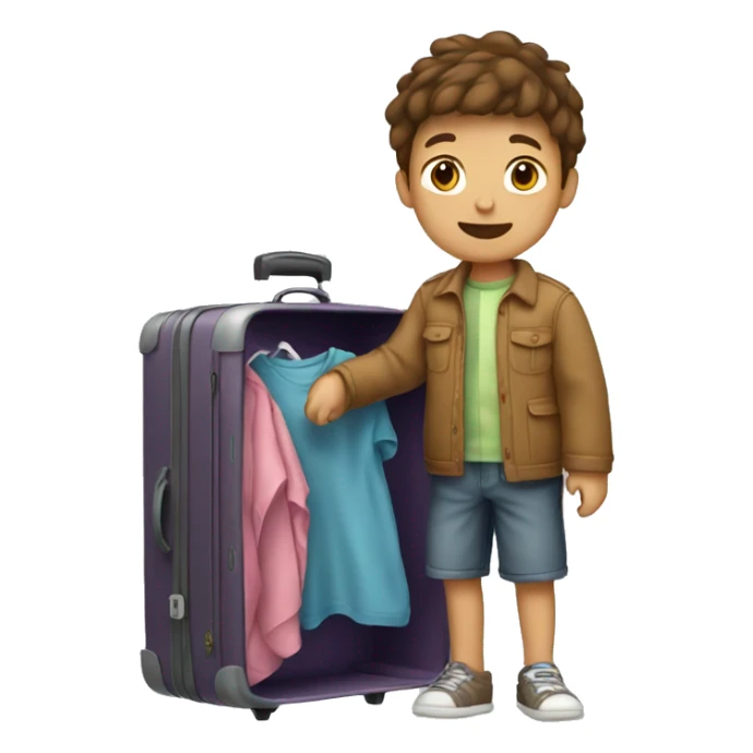 Boy with brown hair unpacking a suitcase with clothes inside sticker